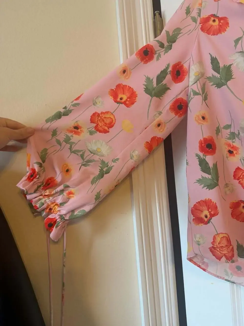 Gibson & Latimer Pink Floral Print Ruffle Neck Blouse with Ties